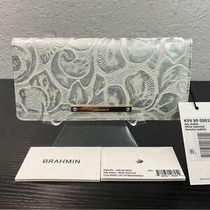 Brahmin Ady WHITE LYON Leather Wallet SILVER & WHITE FLORAL